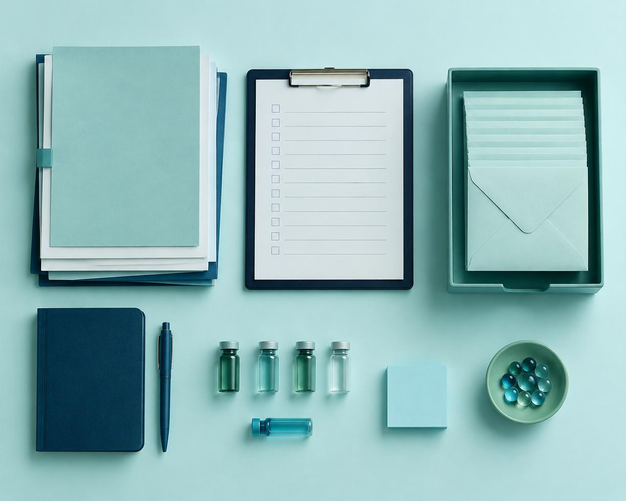 Study documents, a checklist, and an inbox tray